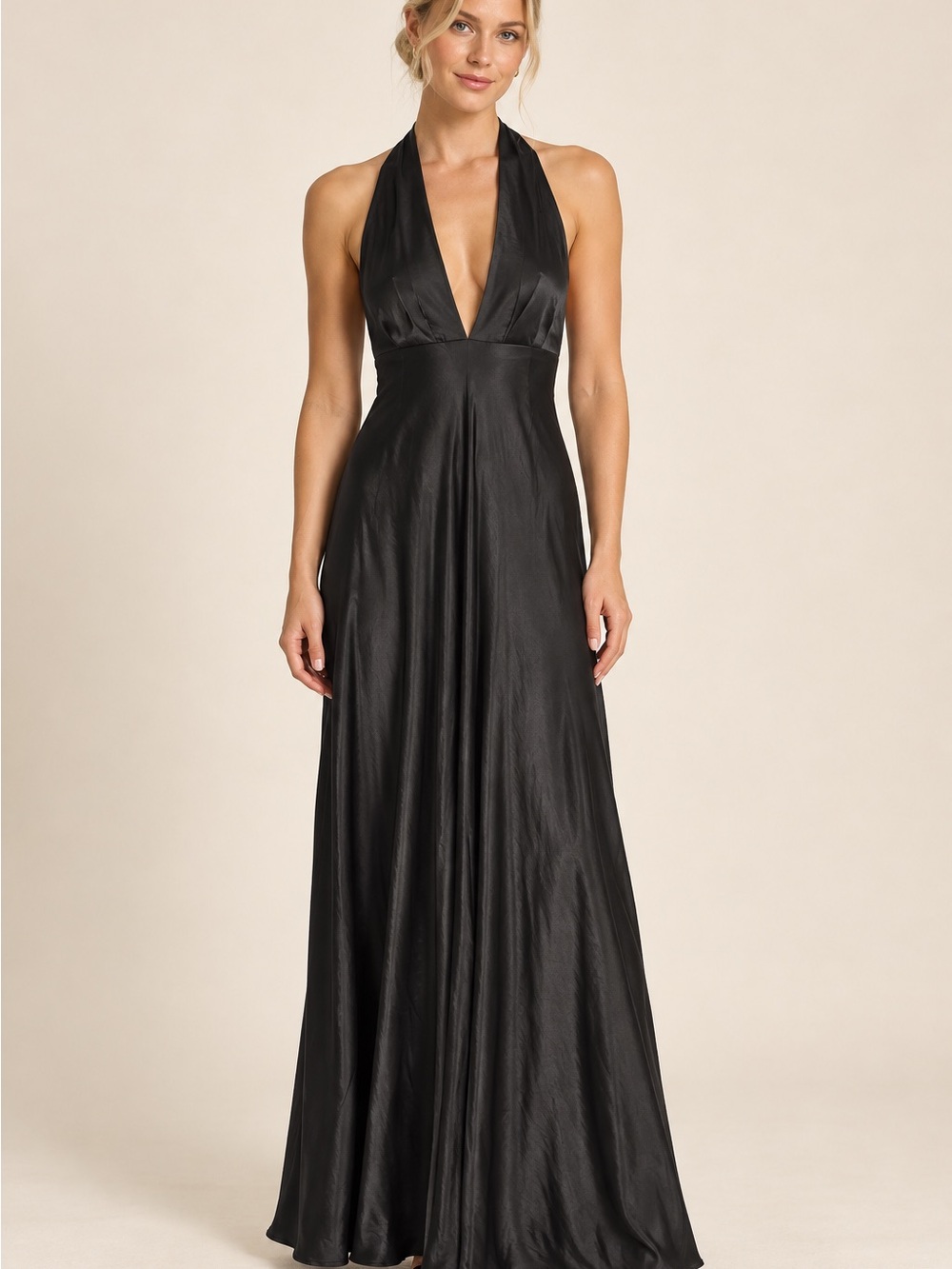 Sleek Black Backless Halter Evening Gown by Saints and Secrets